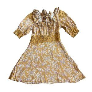 Free People Lucie Mini Dress Golden Coin Combo Floral Print Lace Size 8 Women's